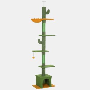 PawHut Arranhador para Gatos de Chão a Teto de 230-275 cm Torre para Gatos com Altura Ajustável Plataformas Caverna Rede Postes de Sisal e Bola de Jogo Verde