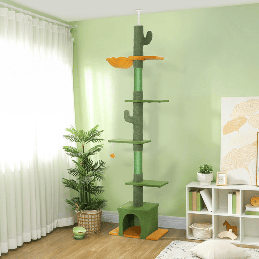 PawHut Arranhador para Gatos de Chão a Teto de 230-275 cm Torre para Gatos com Altura Ajustável Plataformas Caverna Rede Postes de Sisal e Bola de Jogo Verde