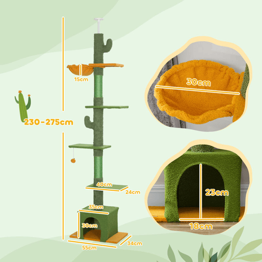 PawHut Arranhador para Gatos de Chão a Teto de 230-275 cm Torre para Gatos com Altura Ajustável Plataformas Caverna Rede Postes de Sisal e Bola de Jogo Verde