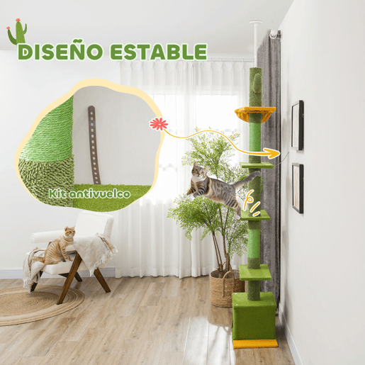 PawHut Arranhador para Gatos de Chão a Teto de 230-275 cm Torre para Gatos com Altura Ajustável Plataformas Caverna Rede Postes de Sisal e Bola de Jogo Verde