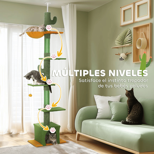 PawHut Arranhador para Gatos de Chão a Teto de 230-275 cm Torre para Gatos com Altura Ajustável Plataformas Caverna Rede Postes de Sisal e Bola de Jogo Verde