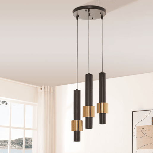 Candeeiro suspenso Lulled com 3 Abajures Cilíndricos Duplos GU10 200x28x28cm - Preto  Ouro lux.pro