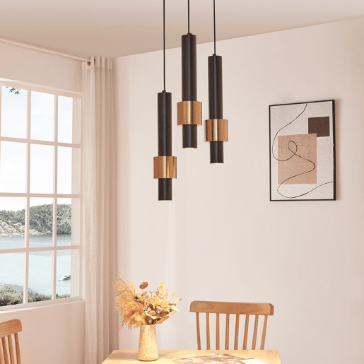 Candeeiro suspenso Lulled com 3 Abajures Cilíndricos Duplos GU10 200x28x28cm - Preto  Ouro lux.pro