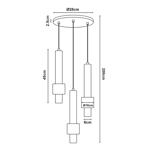 Candeeiro suspenso Lulled com 3 Abajures Cilíndricos Duplos GU10 200x28x28cm - Preto  Ouro lux.pro