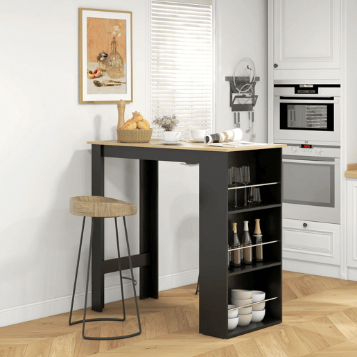 HOMCOM Mesa de Bar de Bistrô com 3 Prateleiras com Suporte Estilo Moderno para Cozinha Sala de Jantar Sala de Estar Estrutura de Melamina 112x57x106 cm Preto e Madeira