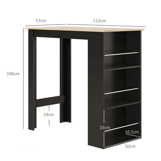 HOMCOM Mesa de Bar de Bistrô com 3 Prateleiras com Suporte Estilo Moderno para Cozinha Sala de Jantar Sala de Estar Estrutura de Melamina 112x57x106 cm Preto e Madeira