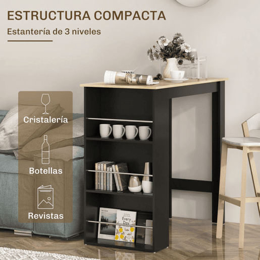 HOMCOM Mesa de Bar de Bistrô com 3 Prateleiras com Suporte Estilo Moderno para Cozinha Sala de Jantar Sala de Estar Estrutura de Melamina 112x57x106 cm Preto e Madeira