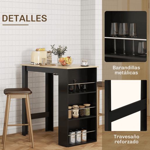 HOMCOM Mesa de Bar de Bistrô com 3 Prateleiras com Suporte Estilo Moderno para Cozinha Sala de Jantar Sala de Estar Estrutura de Melamina 112x57x106 cm Preto e Madeira