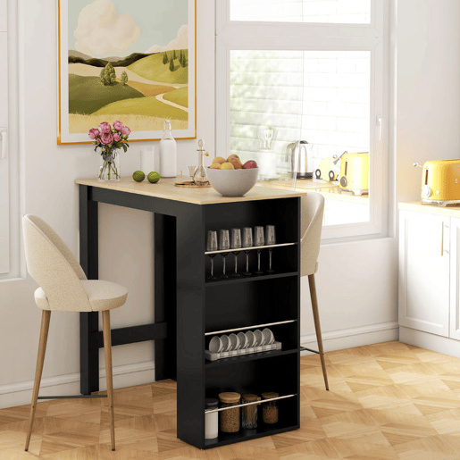 HOMCOM Mesa de Bar de Bistrô com 3 Prateleiras com Suporte Estilo Moderno para Cozinha Sala de Jantar Sala de Estar Estrutura de Melamina 112x57x106 cm Preto e Madeira