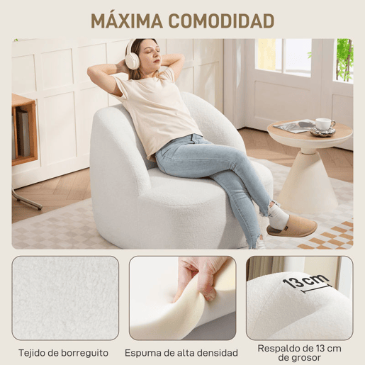 HOMCOM Poltrona Moderna Estofada em Borreguito Poltrona de Leitura Curvo com Almofadado Grosso Não Requer Montagem Para Salão Quarto Sala de Estar Escritório 81x82x73,5 cm Creme