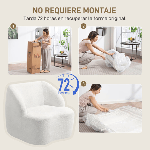 HOMCOM Poltrona Moderna Estofada em Borreguito Poltrona de Leitura Curvo com Almofadado Grosso Não Requer Montagem Para Salão Quarto Sala de Estar Escritório 81x82x73,5 cm Creme