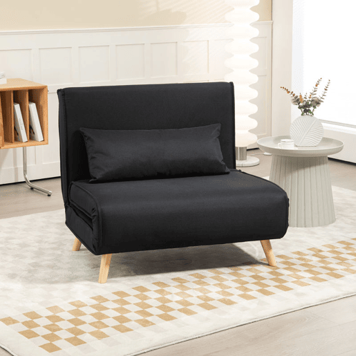 HOMCOM Sofá Cama Individual 3 em 1, Poltrona Cama Dobrável com Encosto Ajustável em 6 Posições, Assento Largo, Almofada Acolchoada, Pernas de Madeira, Suporta 120 kg, 94x78x80 cm, Preto