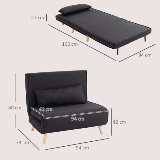 HOMCOM Sofá Cama Individual 3 em 1, Poltrona Cama Dobrável com Encosto Ajustável em 6 Posições, Assento Largo, Almofada Acolchoada, Pernas de Madeira, Suporta 120 kg, 94x78x80 cm, Preto