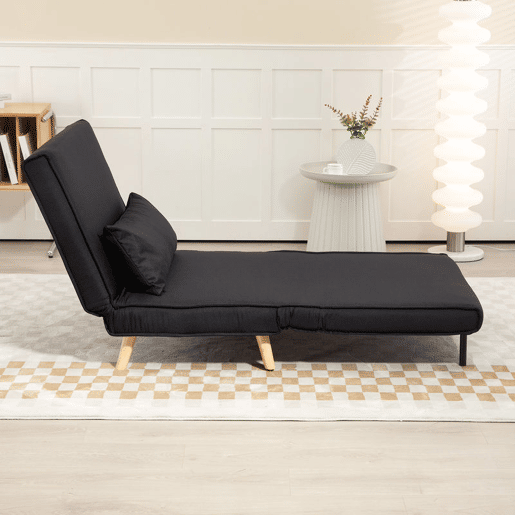 HOMCOM Sofá Cama Individual 3 em 1, Poltrona Cama Dobrável com Encosto Ajustável em 6 Posições, Assento Largo, Almofada Acolchoada, Pernas de Madeira, Suporta 120 kg, 94x78x80 cm, Preto