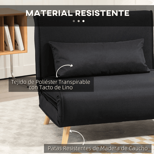 HOMCOM Sofá Cama Individual 3 em 1, Poltrona Cama Dobrável com Encosto Ajustável em 6 Posições, Assento Largo, Almofada Acolchoada, Pernas de Madeira, Suporta 120 kg, 94x78x80 cm, Preto