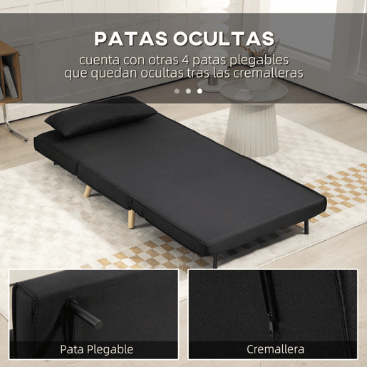 HOMCOM Sofá Cama Individual 3 em 1, Poltrona Cama Dobrável com Encosto Ajustável em 6 Posições, Assento Largo, Almofada Acolchoada, Pernas de Madeira, Suporta 120 kg, 94x78x80 cm, Preto