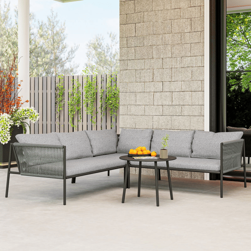 Outsunny Conjunto de Jardim em Vime com Almofadas Conjunto de Exterior Resistente às Intempéries Móveis de Jardim com 2 Sofás de 2 Lugares Sofá de Canto Mesa Redonda Cinza Escuro