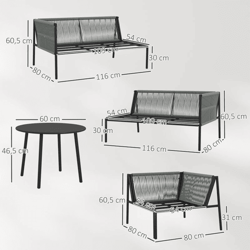Outsunny Conjunto de Jardim em Vime com Almofadas Conjunto de Exterior Resistente às Intempéries Móveis de Jardim com 2 Sofás de 2 Lugares Sofá de Canto Mesa Redonda Cinza Escuro