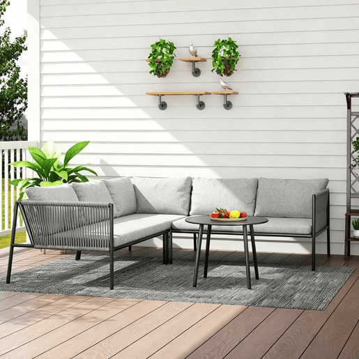 Outsunny Conjunto de Jardim em Vime com Almofadas Conjunto de Exterior Resistente às Intempéries Móveis de Jardim com 2 Sofás de 2 Lugares Sofá de Canto Mesa Redonda Cinza Escuro