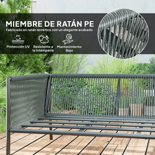 Outsunny Conjunto de Jardim em Vime com Almofadas Conjunto de Exterior Resistente às Intempéries Móveis de Jardim com 2 Sofás de 2 Lugares Sofá de Canto Mesa Redonda Cinza Escuro