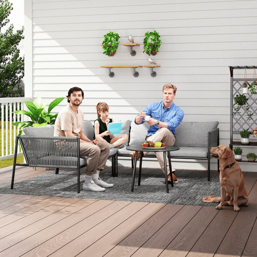 Outsunny Conjunto de Jardim em Vime com Almofadas Conjunto de Exterior Resistente às Intempéries Móveis de Jardim com 2 Sofás de 2 Lugares Sofá de Canto Mesa Redonda Cinza Escuro