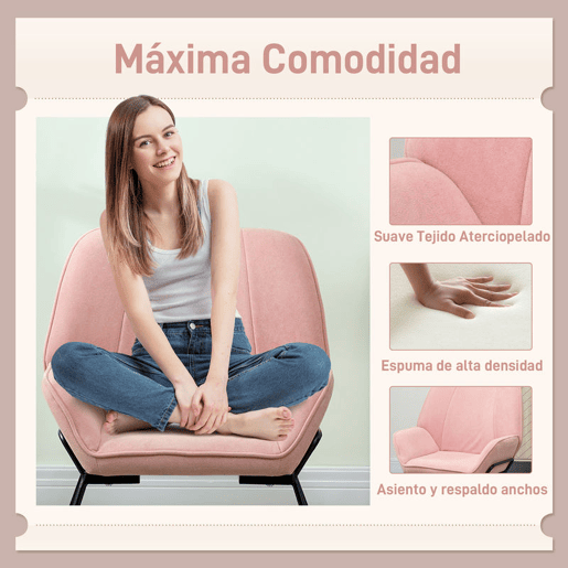 HOMCOM Poltrona Sala de Estar Moderna Poltrona de Leitura com Assento Largo e Acolchoado Estofada em Veludo Pés de Metal Poltrona para Dormitório 70x67,5x87 cm Rosa