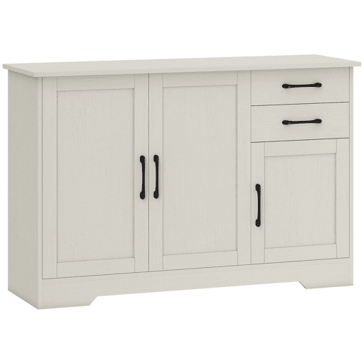 HOMCOM Aparador 3 Portas, Aparador para Sala Rústico Moderno, com 2 Gavetas, Prateleira Ajustável, Dobradiças com Fecho Suave, para Sala de Jantar, Entrada, Quarto, Creme, 120x38x79 cm