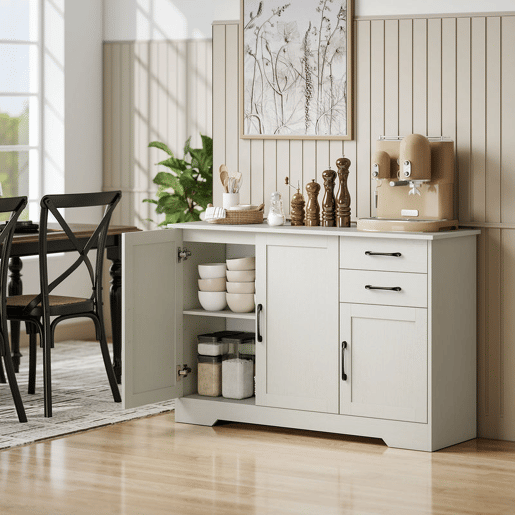 HOMCOM Aparador 3 Portas, Aparador para Sala Rústico Moderno, com 2 Gavetas, Prateleira Ajustável, Dobradiças com Fecho Suave, para Sala de Jantar, Entrada, Quarto, Creme, 120x38x79 cm