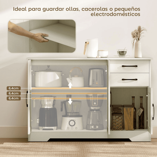HOMCOM Aparador 3 Portas, Aparador para Sala Rústico Moderno, com 2 Gavetas, Prateleira Ajustável, Dobradiças com Fecho Suave, para Sala de Jantar, Entrada, Quarto, Creme, 120x38x79 cm