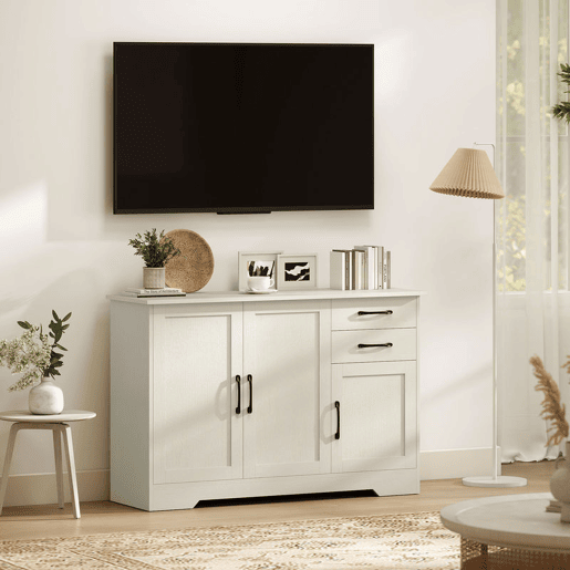 HOMCOM Aparador 3 Portas, Aparador para Sala Rústico Moderno, com 2 Gavetas, Prateleira Ajustável, Dobradiças com Fecho Suave, para Sala de Jantar, Entrada, Quarto, Creme, 120x38x79 cm