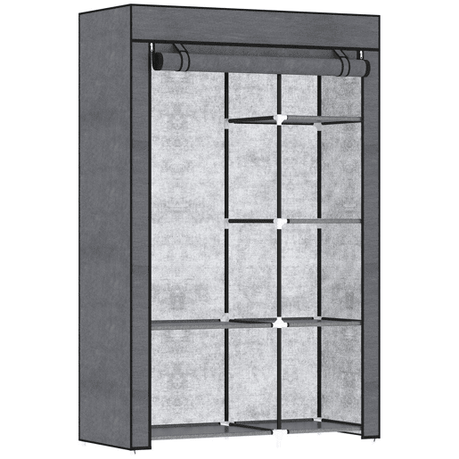 HOMCOM Roupeiro de Tecido Dobrável Armário de Roupa Portátil com 6 Prateleiras e 1 Barra de Pendurar para Dormitório Vestidor 103x43x162,5 cm Cinzento