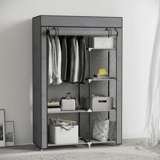 HOMCOM Roupeiro de Tecido Dobrável Armário de Roupa Portátil com 6 Prateleiras e 1 Barra de Pendurar para Dormitório Vestidor 103x43x162,5 cm Cinzento