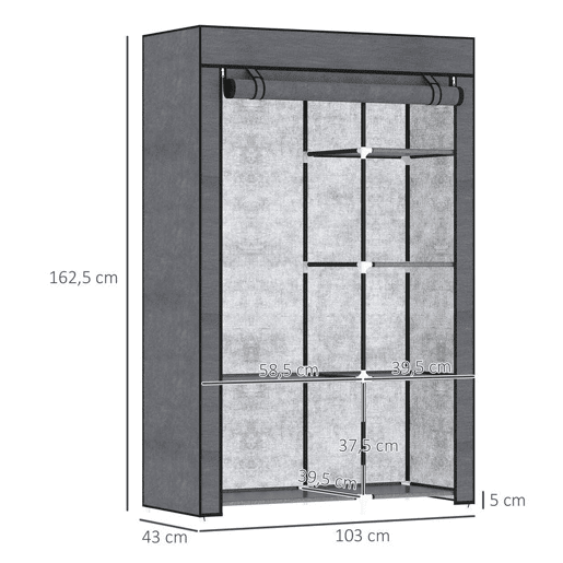 HOMCOM Roupeiro de Tecido Dobrável Armário de Roupa Portátil com 6 Prateleiras e 1 Barra de Pendurar para Dormitório Vestidor 103x43x162,5 cm Cinzento
