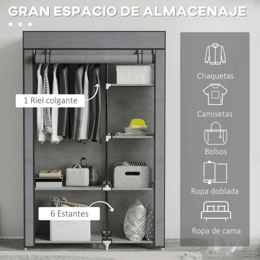 HOMCOM Roupeiro de Tecido Dobrável Armário de Roupa Portátil com 6 Prateleiras e 1 Barra de Pendurar para Dormitório Vestidor 103x43x162,5 cm Cinzento