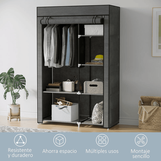 HOMCOM Roupeiro de Tecido Dobrável Armário de Roupa Portátil com 6 Prateleiras e 1 Barra de Pendurar para Dormitório Vestidor 103x43x162,5 cm Cinzento