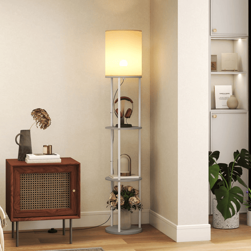 HOMCOM Candeeiro de Pé com Prateleiras Candeeiro com 3 Temperaturas de Cor Controlo Remoto Casquilho E27 para Sala de Estar Quarto Escritório Ø29x158 cm Cinzento