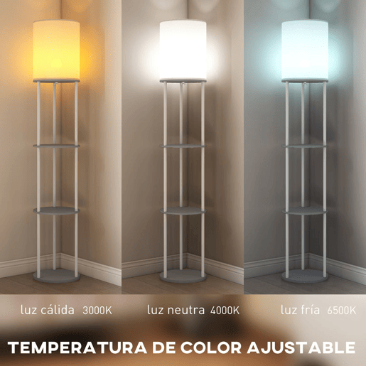 HOMCOM Candeeiro de Pé com Prateleiras Candeeiro com 3 Temperaturas de Cor Controlo Remoto Casquilho E27 para Sala de Estar Quarto Escritório Ø29x158 cm Cinzento
