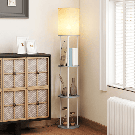 HOMCOM Candeeiro de Pé com Prateleiras Candeeiro com 3 Temperaturas de Cor Controlo Remoto Casquilho E27 para Sala de Estar Quarto Escritório Ø29x158 cm Cinzento