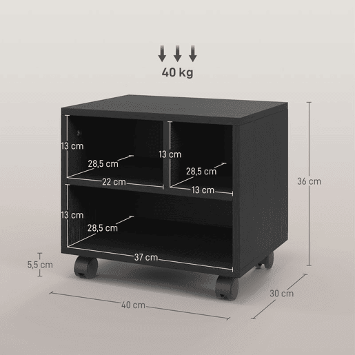 HOMCOM Móvel para Impressora com Rodas Suporte para Impressora com Compartimentos Abertos para Escritório Estúdio 40x30x36 cm Preto