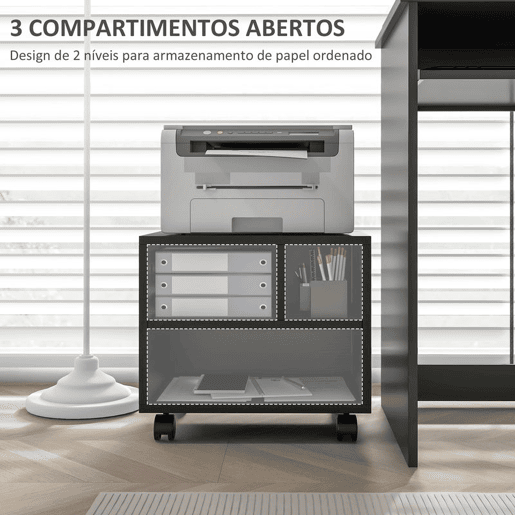 HOMCOM Móvel para Impressora com Rodas Suporte para Impressora com Compartimentos Abertos para Escritório Estúdio 40x30x36 cm Preto