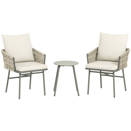 Outsunny Conjunto de Jardim de 3 Peças Móveis de Jardim com 2 Cadeiras com Almofadas Removíveis e Laváveis e Mesa com Bancada de Metal Impermeável e Anti-UV para Varanda e Pátio Cinza e Creme