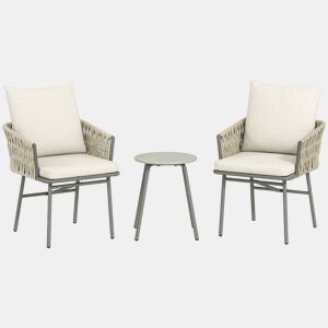 Outsunny Conjunto de Jardim de 3 Peças Móveis de Jardim com 2 Cadeiras com Almofadas Removíveis e Laváveis e Mesa com Bancada de Metal Impermeável e Anti-UV para Varanda e Pátio Cinza e Creme