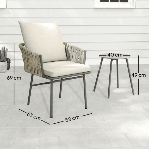 Outsunny Conjunto de Jardim de 3 Peças Móveis de Jardim com 2 Cadeiras com Almofadas Removíveis e Laváveis e Mesa com Bancada de Metal Impermeável e Anti-UV para Varanda e Pátio Cinza e Creme