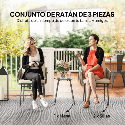 Outsunny Conjunto de Jardim de 3 Peças Móveis de Jardim com 2 Cadeiras com Almofadas Removíveis e Laváveis e Mesa com Bancada de Metal Impermeável e Anti-UV para Varanda e Pátio Cinza e Creme