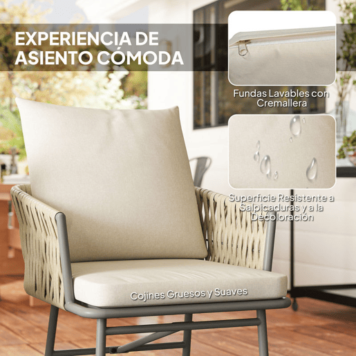 Outsunny Conjunto de Jardim de 3 Peças Móveis de Jardim com 2 Cadeiras com Almofadas Removíveis e Laváveis e Mesa com Bancada de Metal Impermeável e Anti-UV para Varanda e Pátio Cinza e Creme