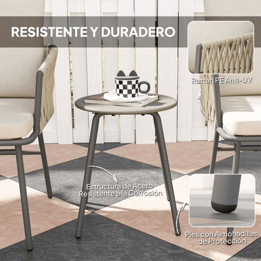Outsunny Conjunto de Jardim de 3 Peças Móveis de Jardim com 2 Cadeiras com Almofadas Removíveis e Laváveis e Mesa com Bancada de Metal Impermeável e Anti-UV para Varanda e Pátio Cinza e Creme