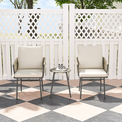 Outsunny Conjunto de Jardim de 3 Peças Móveis de Jardim com 2 Cadeiras com Almofadas Removíveis e Laváveis e Mesa com Bancada de Metal Impermeável e Anti-UV para Varanda e Pátio Cinza e Creme