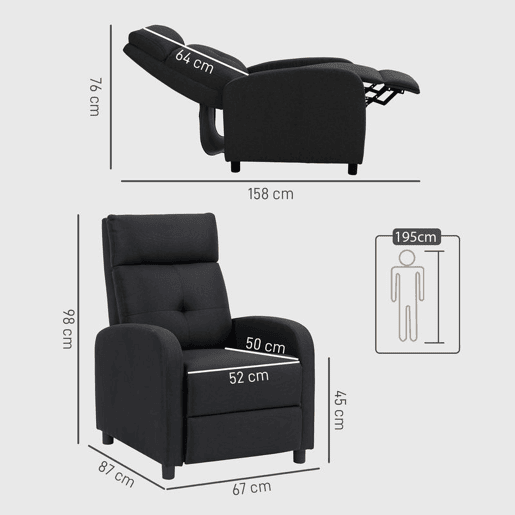 HOMCOM Poltrona Relax Reclinável até 155° Poltrona Reclinável Manual Estofado em Tecido Carga Máxima 150 kg para Pessoas com Altura Inferior 195 cm 67x87x98 cm Preto