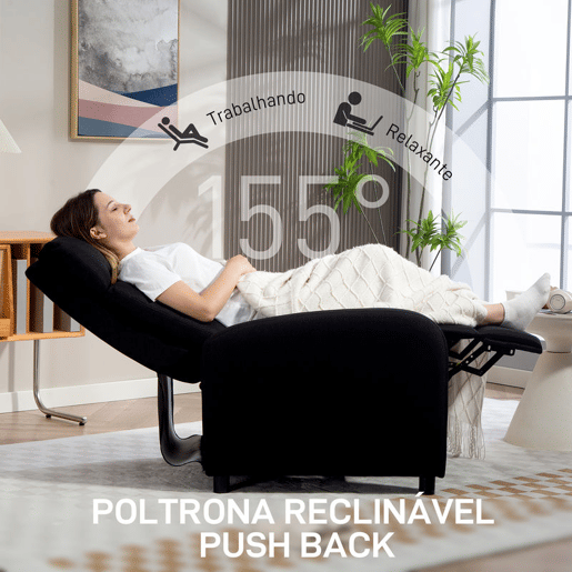 HOMCOM Poltrona Relax Reclinável até 155° Poltrona Reclinável Manual Estofado em Tecido Carga Máxima 150 kg para Pessoas com Altura Inferior 195 cm 67x87x98 cm Preto