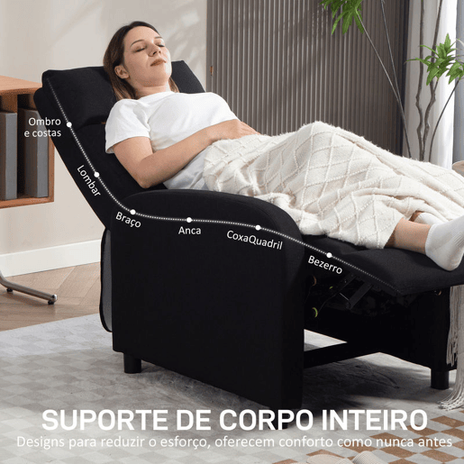 HOMCOM Poltrona Relax Reclinável até 155° Poltrona Reclinável Manual Estofado em Tecido Carga Máxima 150 kg para Pessoas com Altura Inferior 195 cm 67x87x98 cm Preto